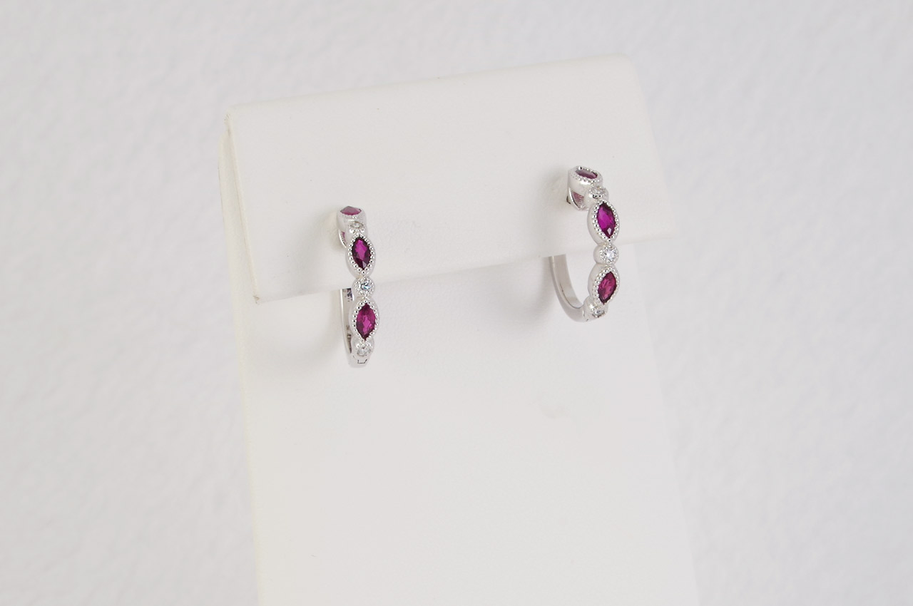 14k White Gold Ruby & Diamond Hoops Thumbnail