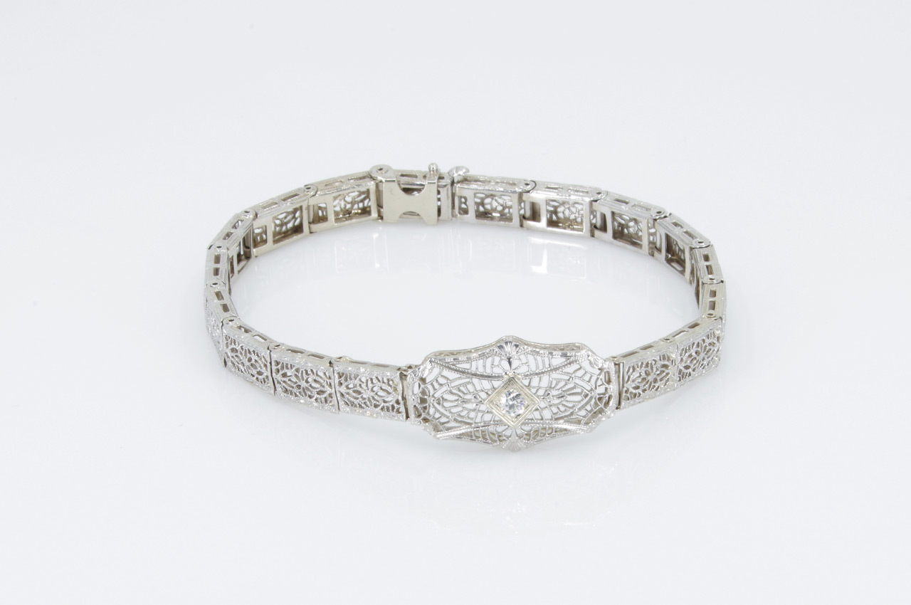 Estate 14k White Gold Vintage Diamond Filigree Bracelet Front