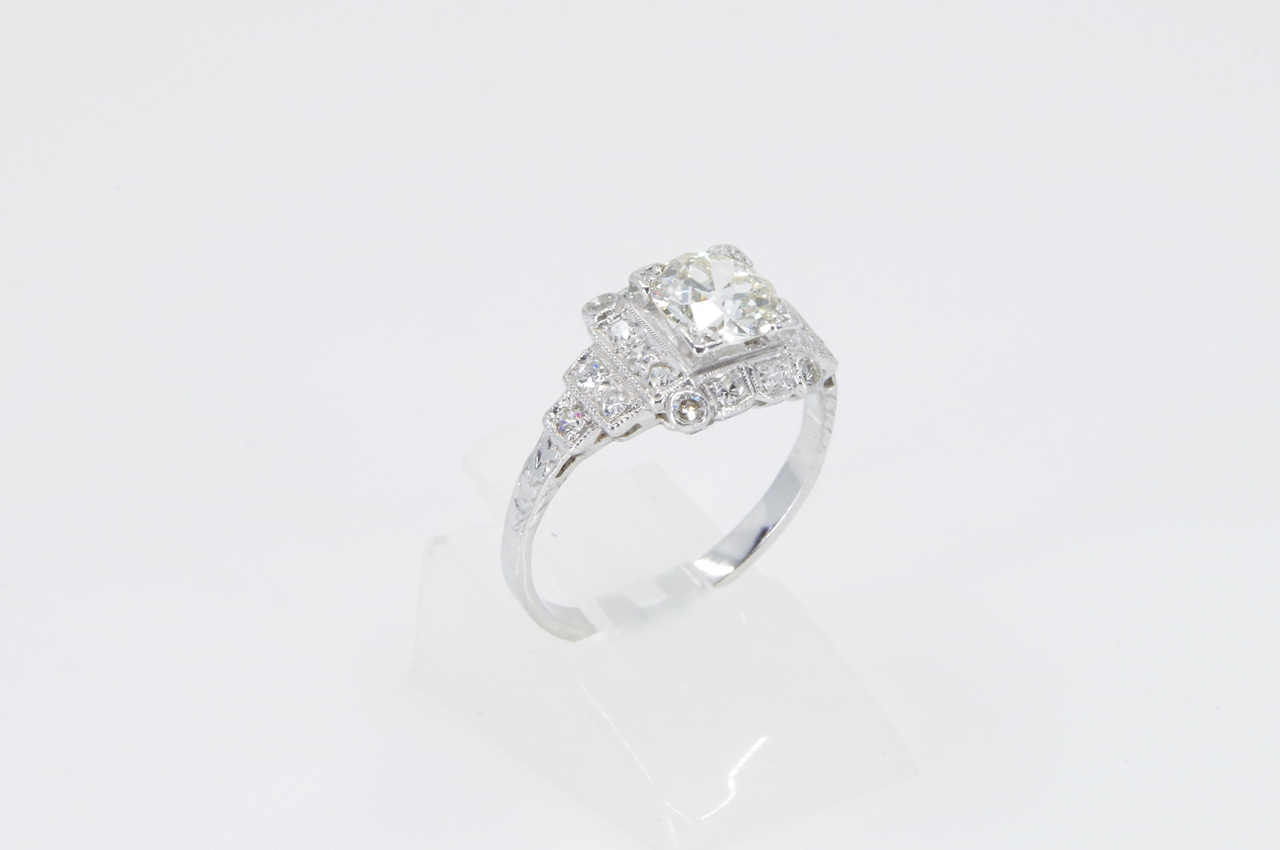 Estate Platinum Vintage Diamond Halo Ring Side