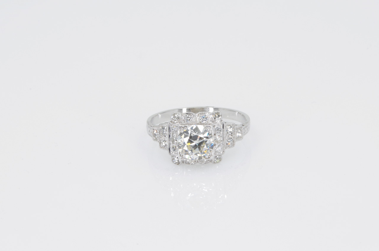 Estate Platinum Vintage Diamond Halo Ring Flat