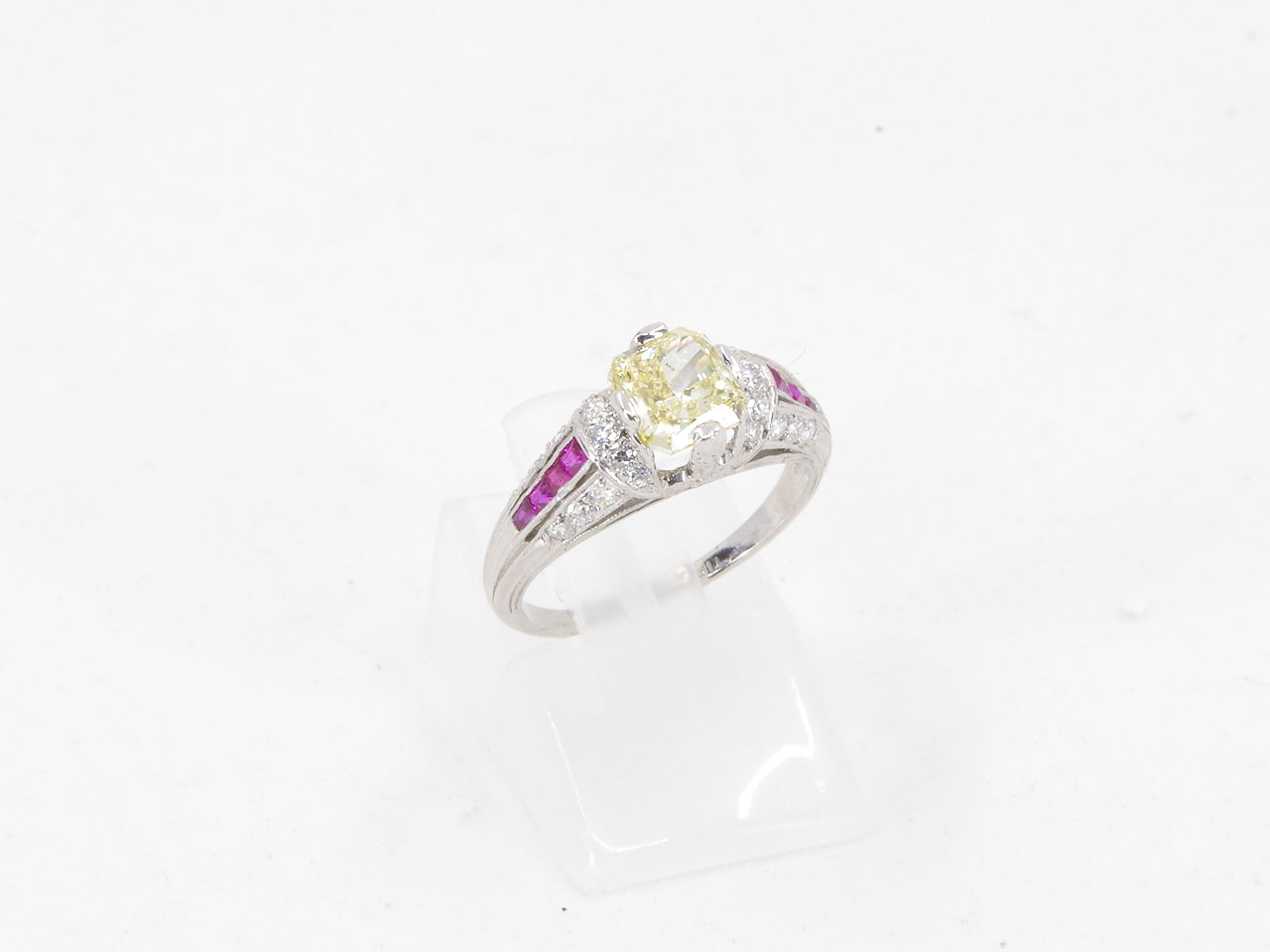 Estate Vintage Platinum Yellow Diamond Ring with Ruby & Diamond Accents Side