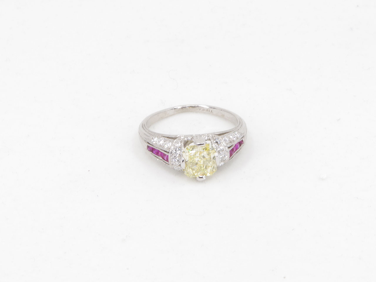 Estate Vintage Platinum Yellow Diamond Ring with Ruby & Diamond Accents Flat
