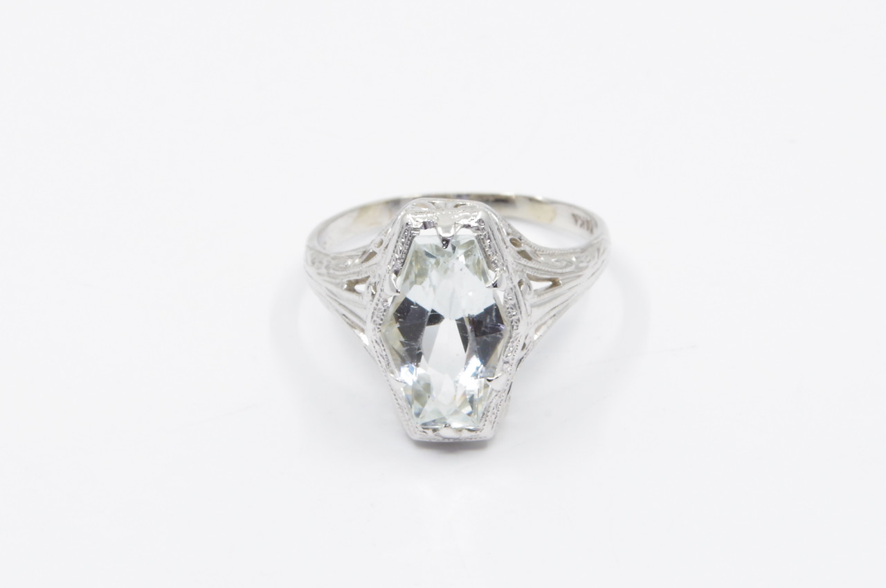 Estate Vintage 14k White Gold Aqua Ring Flat