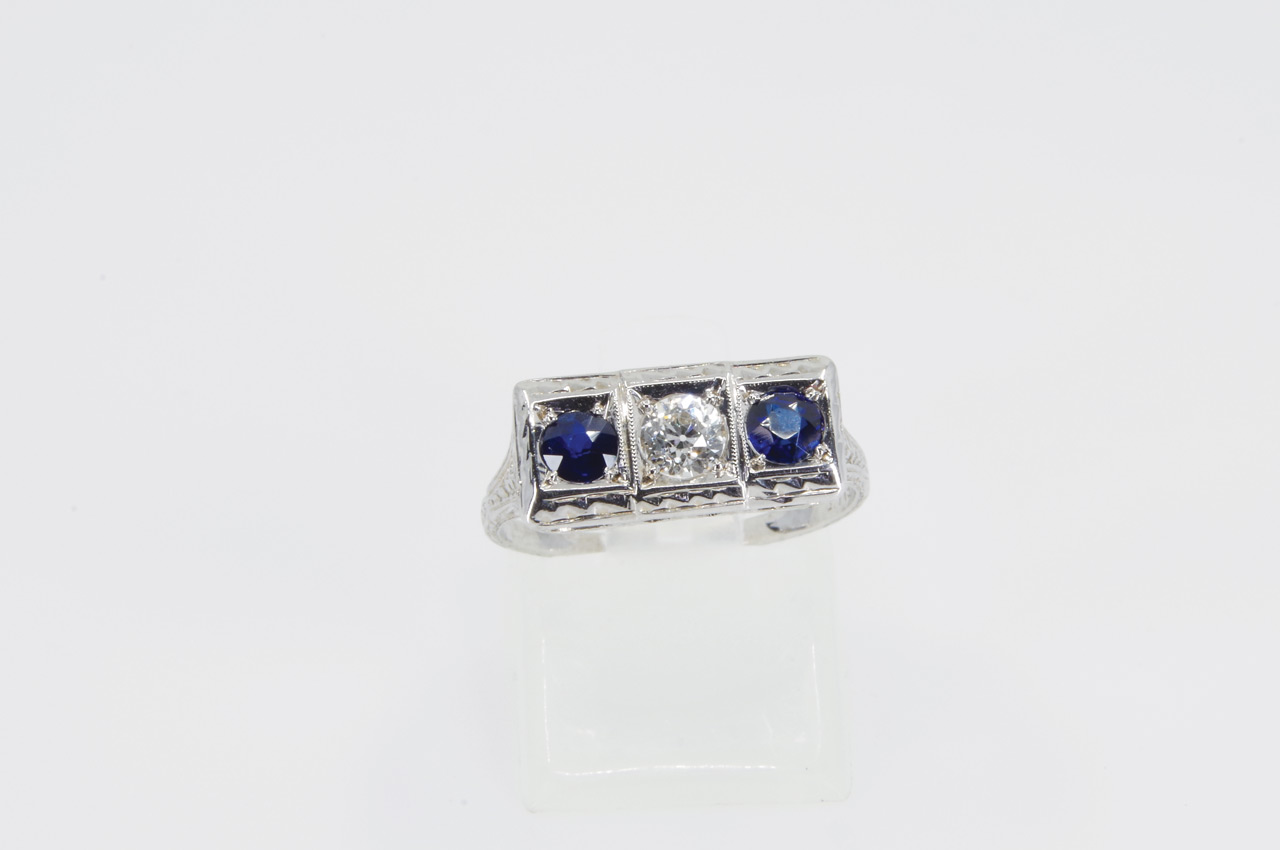 Estate 14k White Gold Diamond & Sapphire 3 Stone Ring Thumbnail