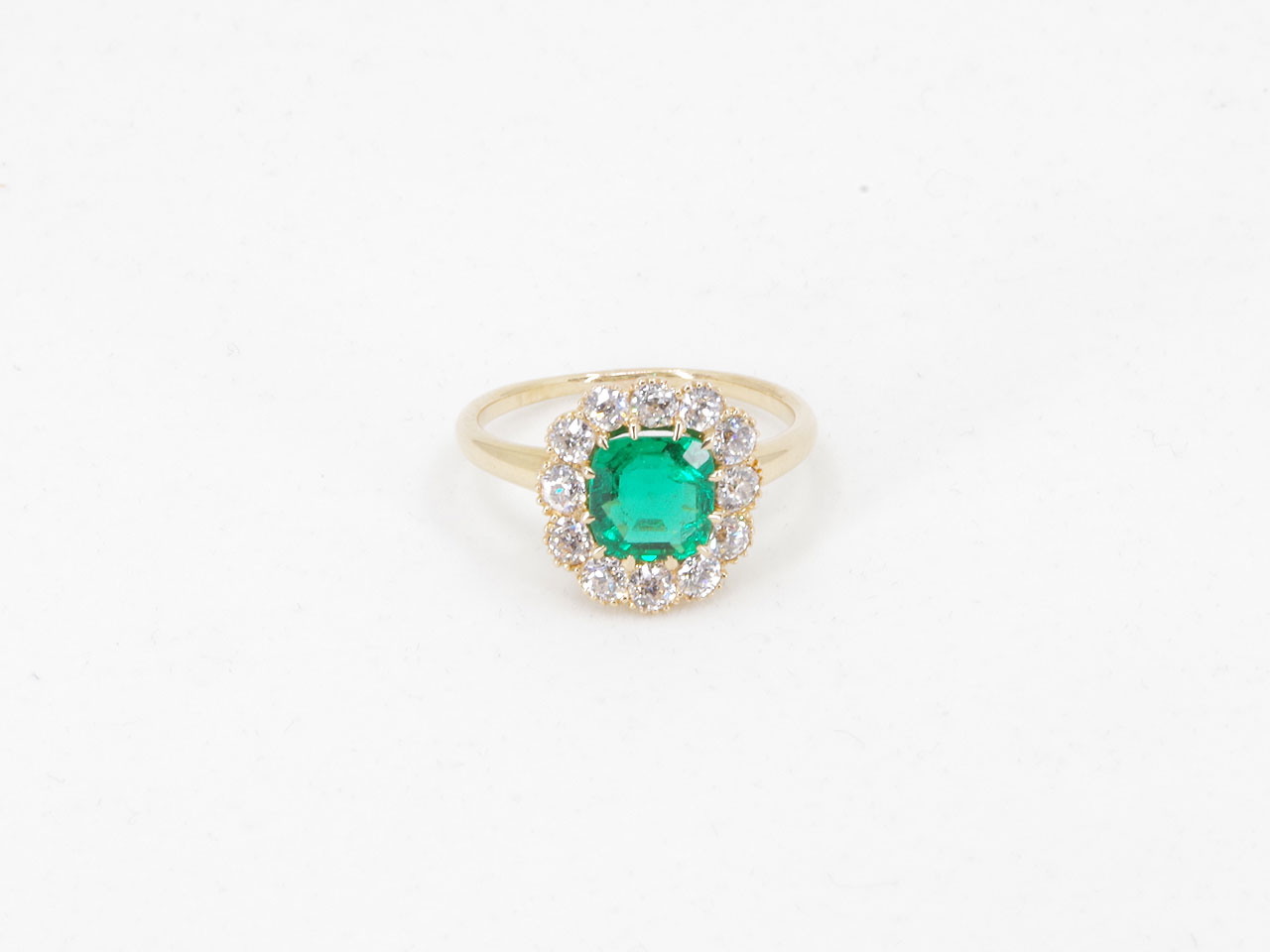 Estate 18K Yellow Gold Emerald & Diamond Ring Flat