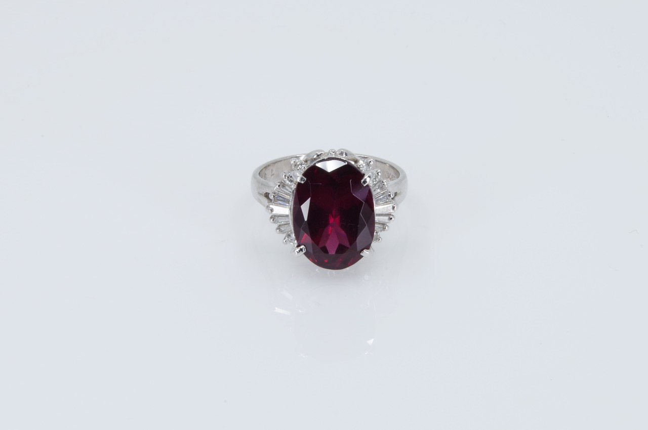 Estate Platinum Rhodolite Garnet & Diamond Ring Flat