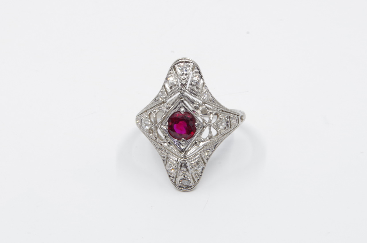 Estate Vintage Platinum Gold Ruby & Diamond Ring Flat