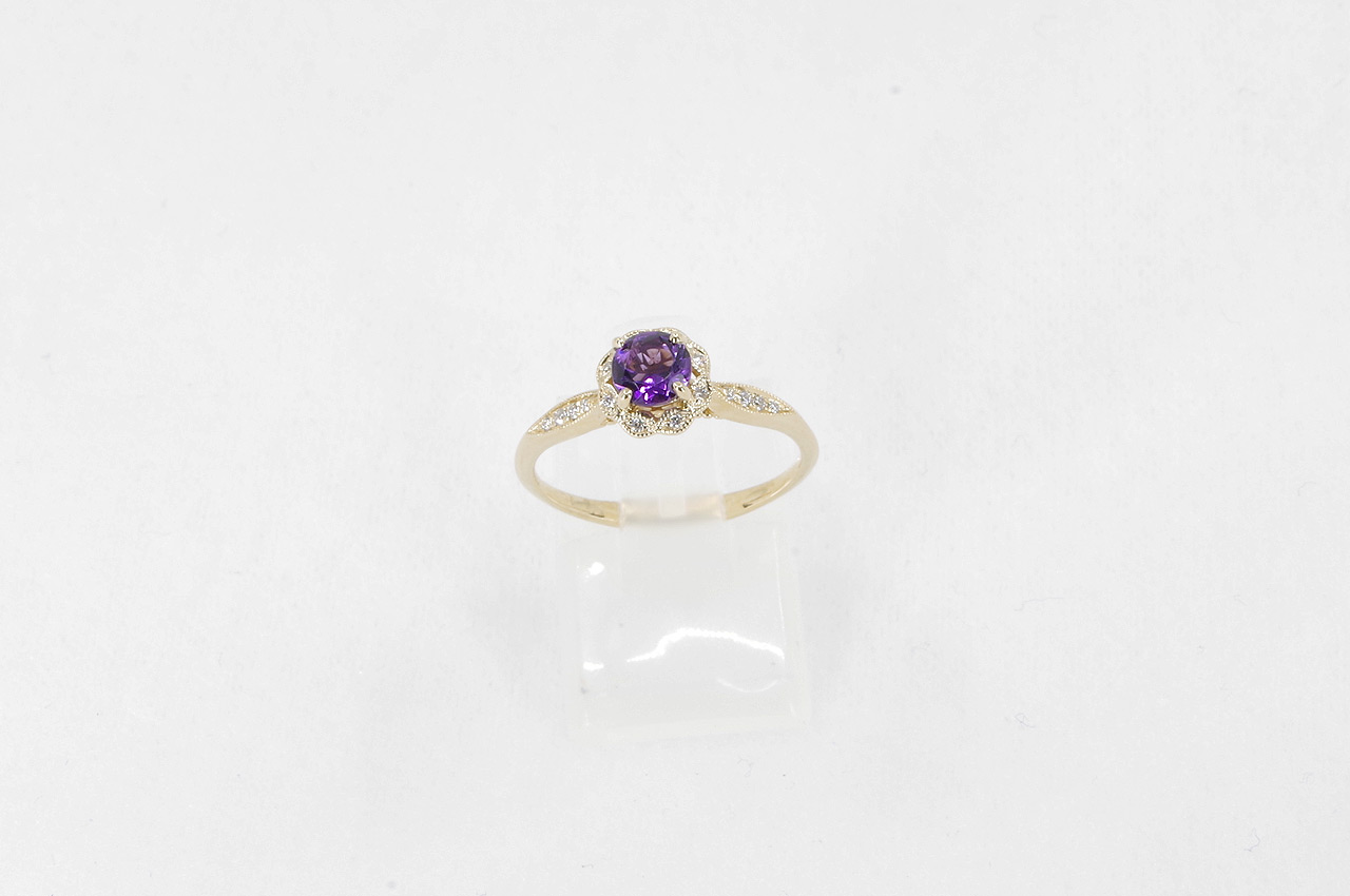 14k Yellow Gold Amethyst & Diamond Halo Ring Thumbnail