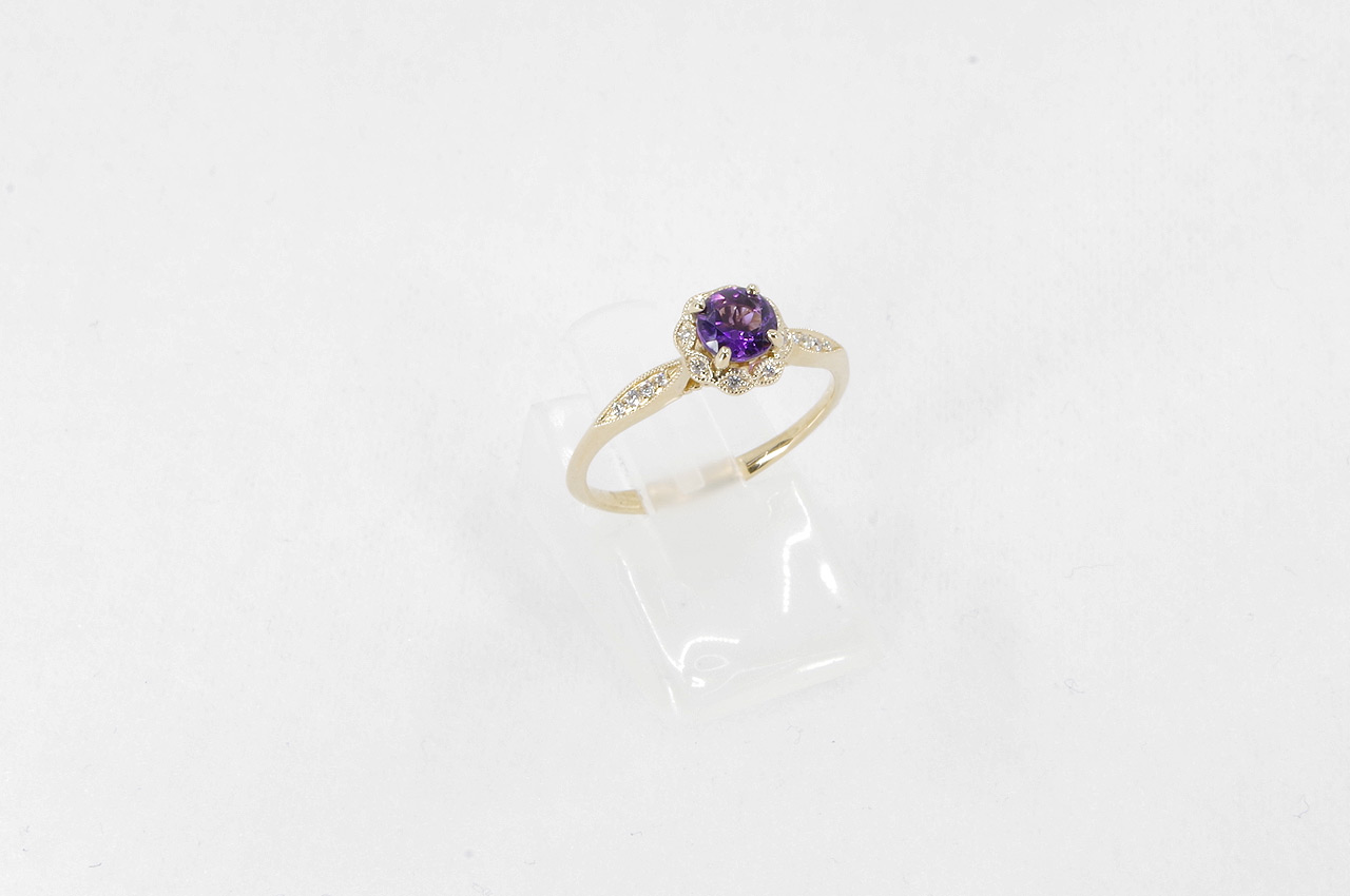 14k Yellow Gold Amethyst & Diamond Halo Ring Image 2