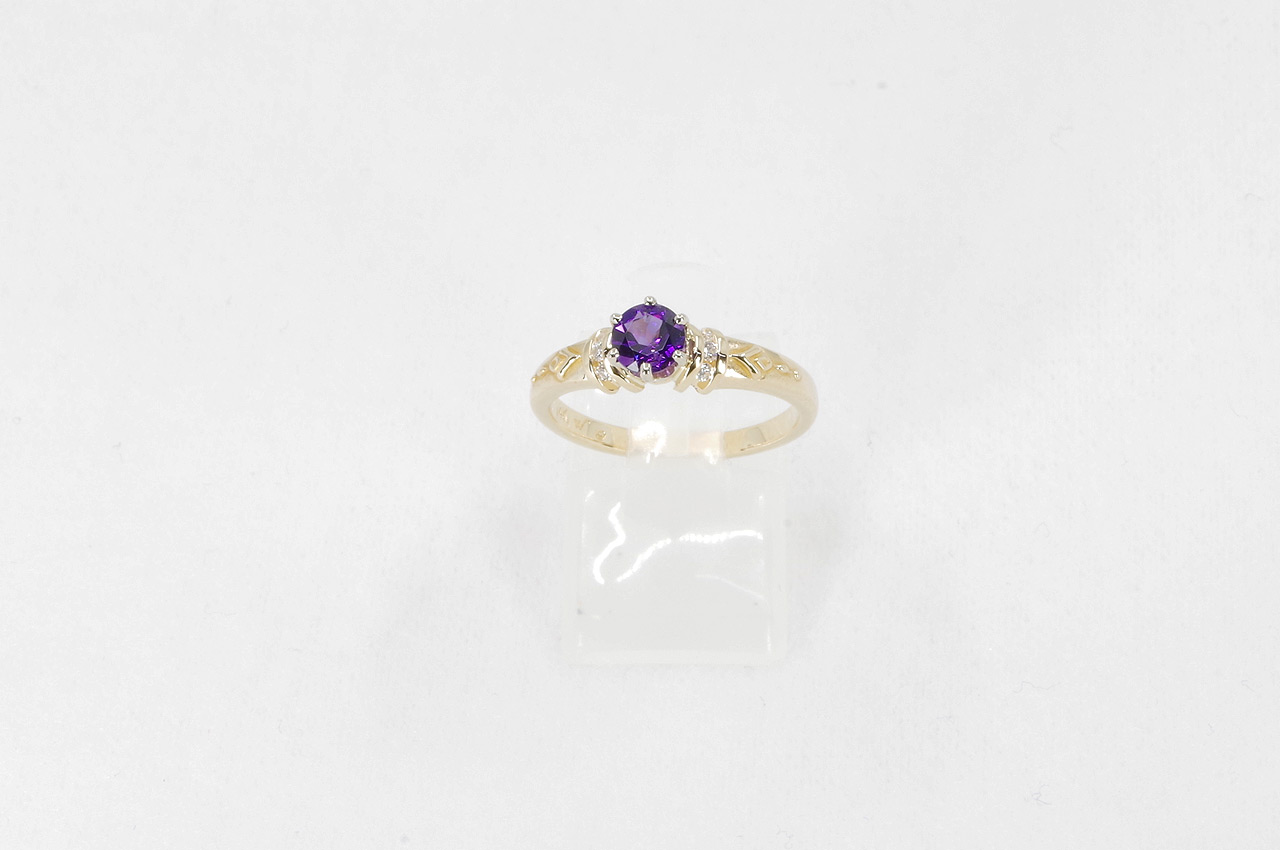 14k Yellow Gold Carved Amethyst & Diamond Ring Thumbnail