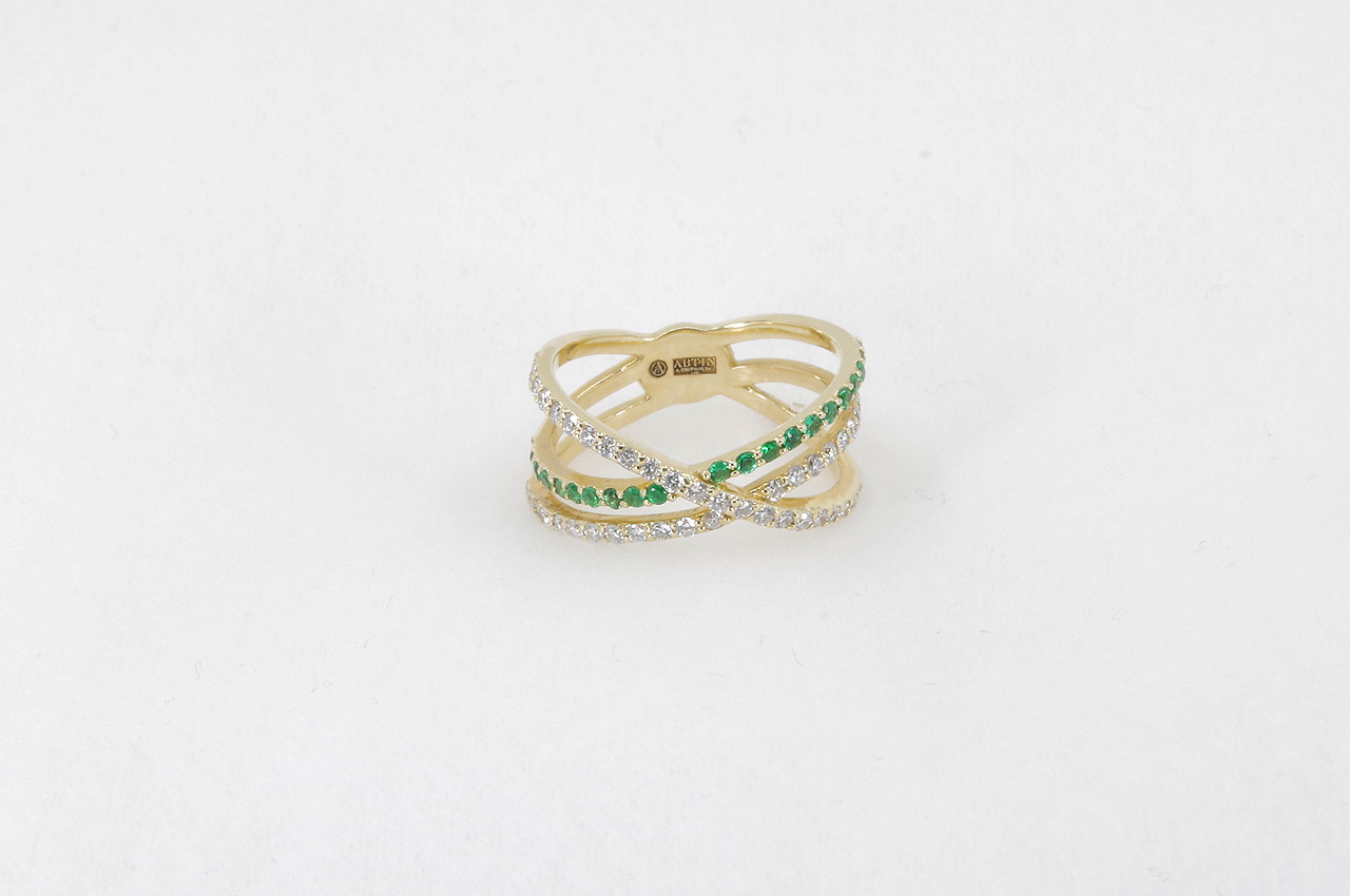 14k Yellow Gold Emerald & Diamond Cross Over Ring Top View