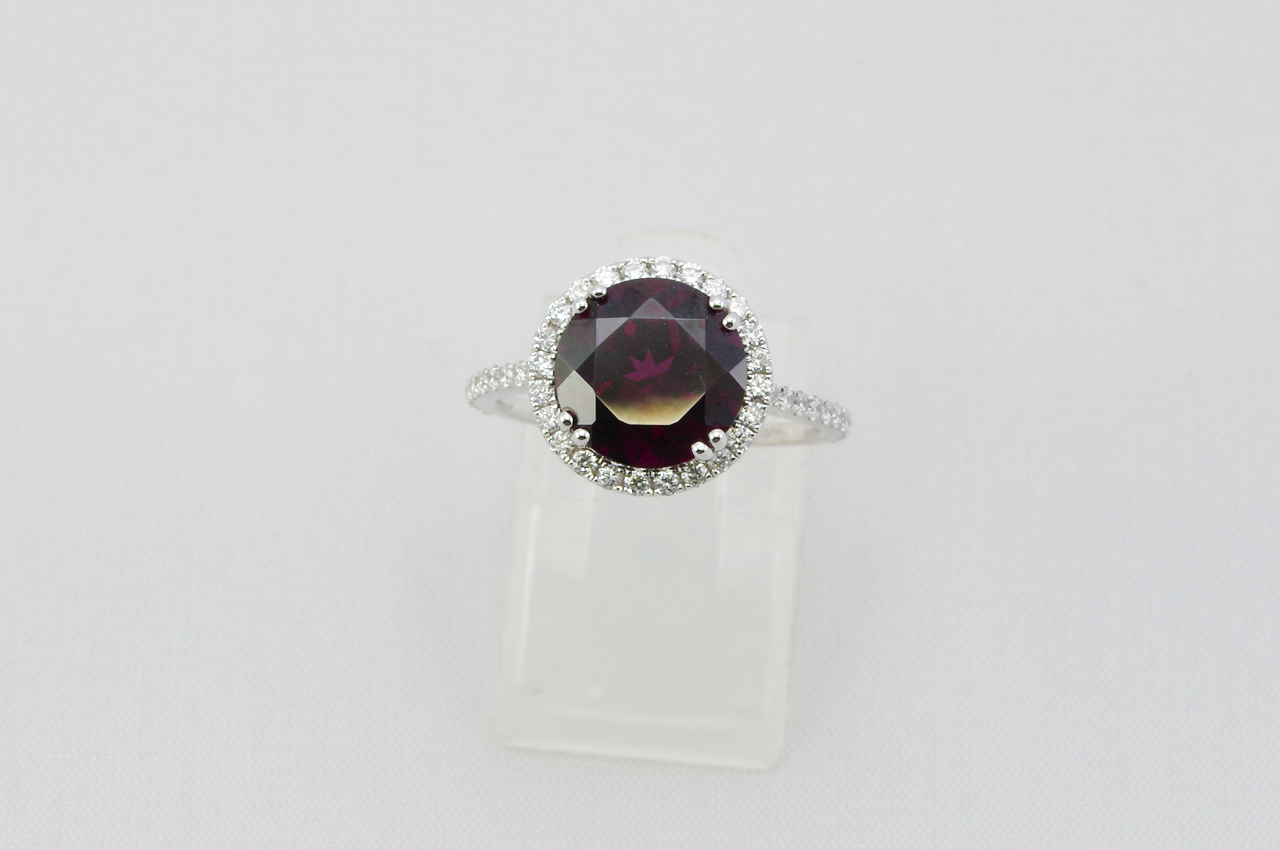 White Gold Round Brilliant Rhodolite Garnet Halo Ring