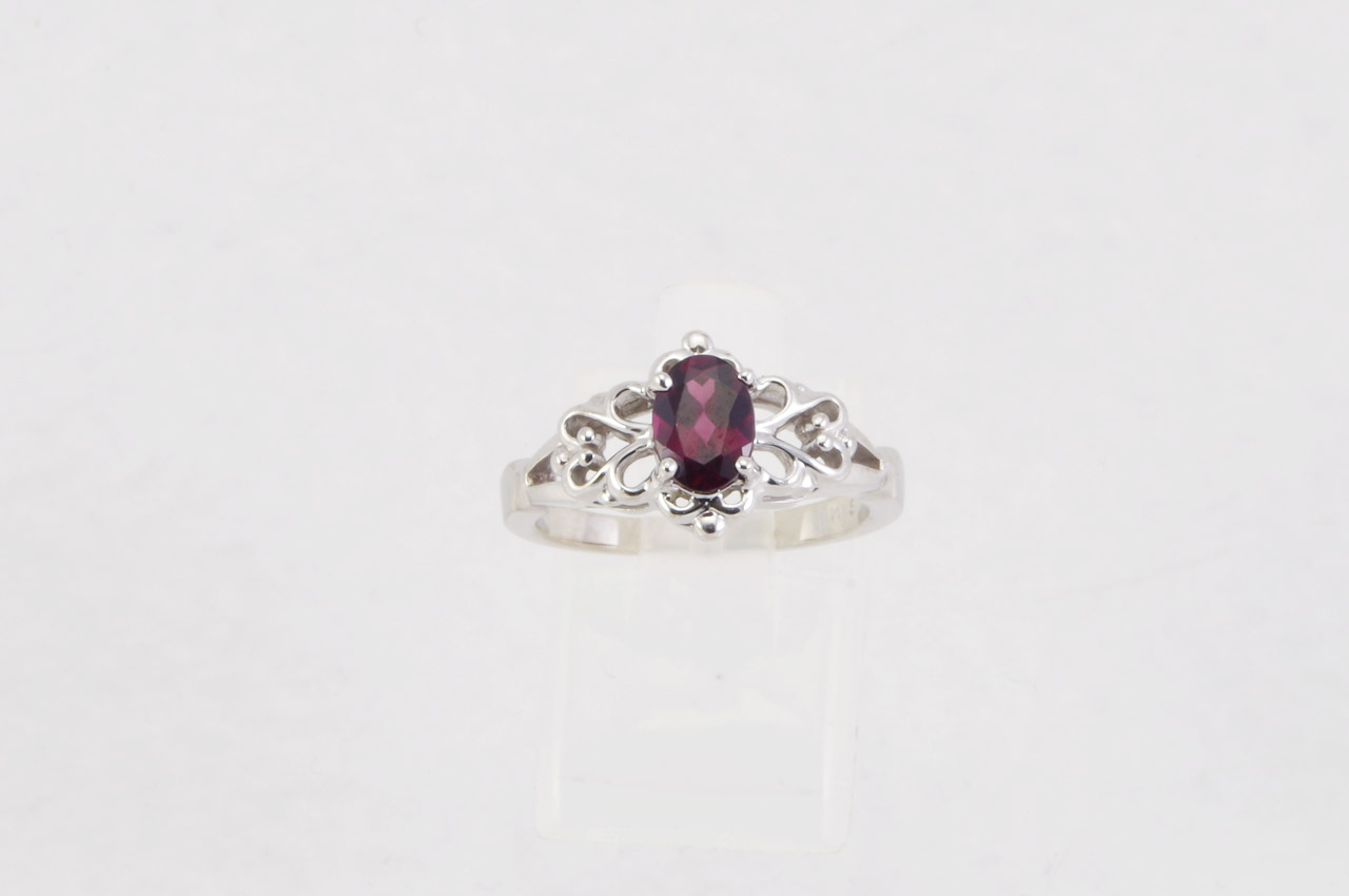 14k White Gold Oval Rhodolite Garnet Filigree Ring Thumbnail