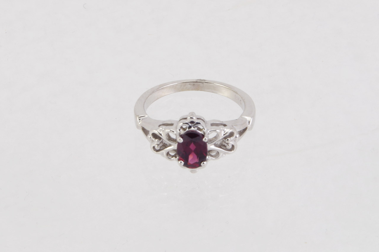 14k White Gold Oval Rhodolite Garnet Filigree Ring Flat