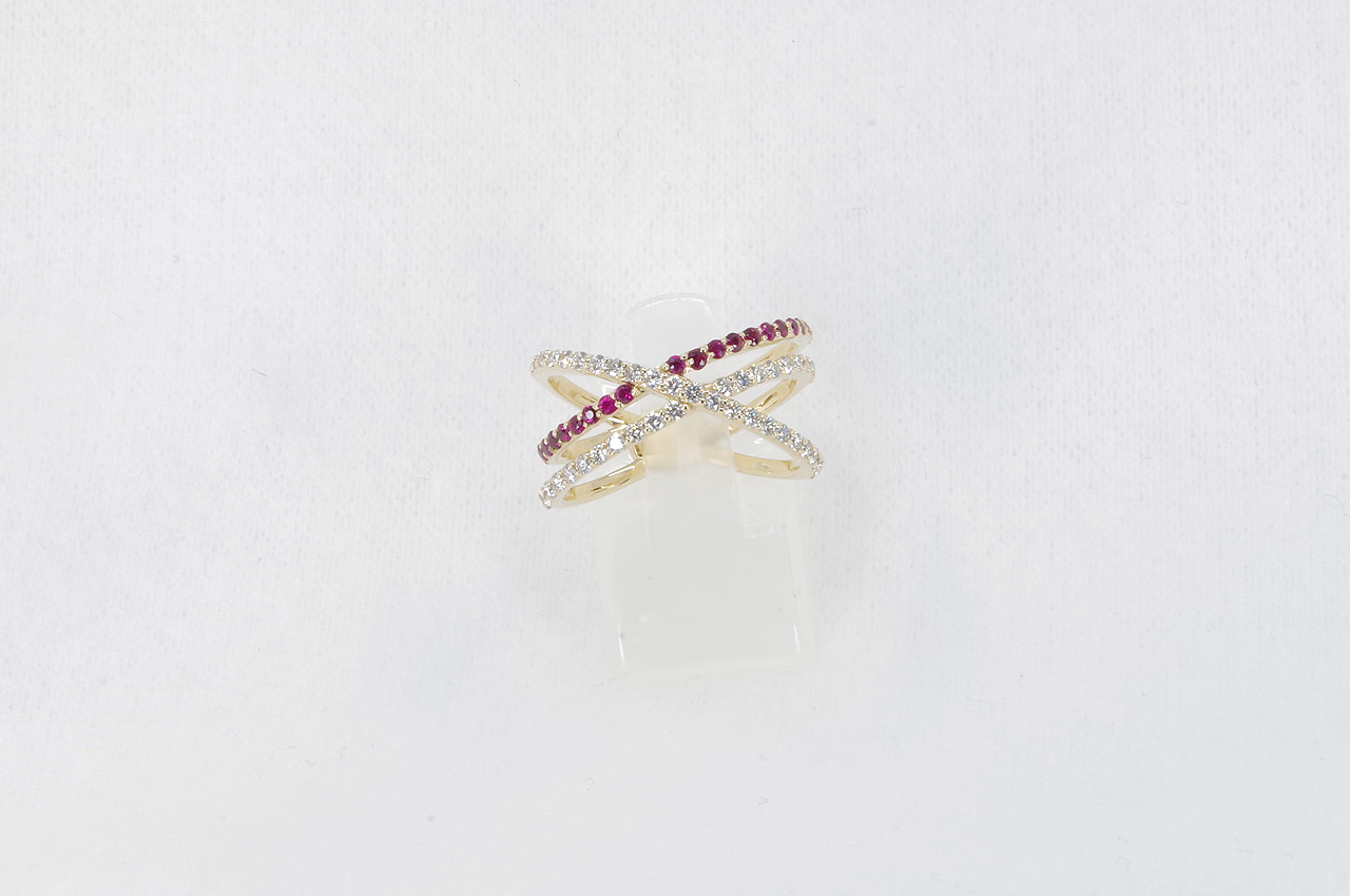 14k Yellow Gold Ruby & Diamond Cross Over Ring Thumbnail