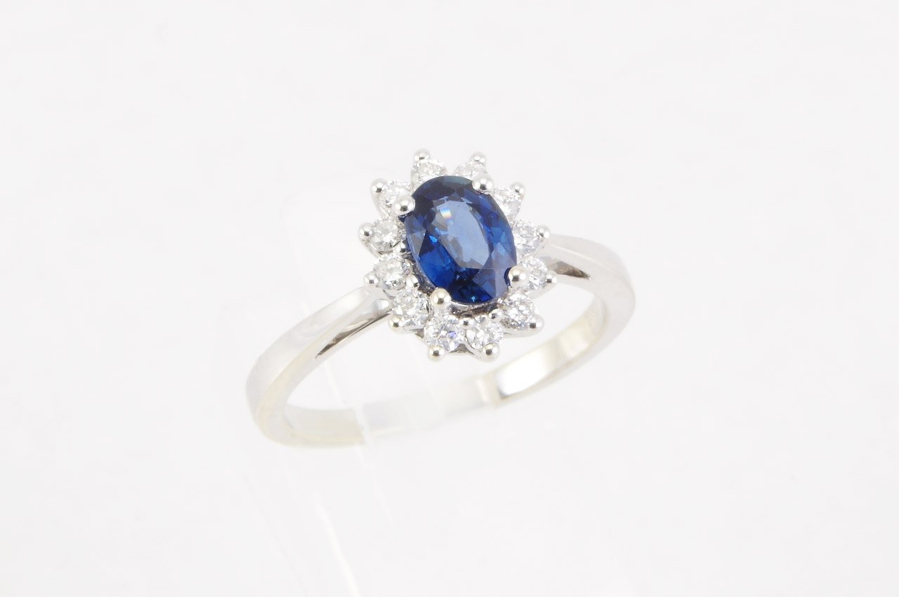 14k White Gold Sapphire & Diamond Halo Ring Side