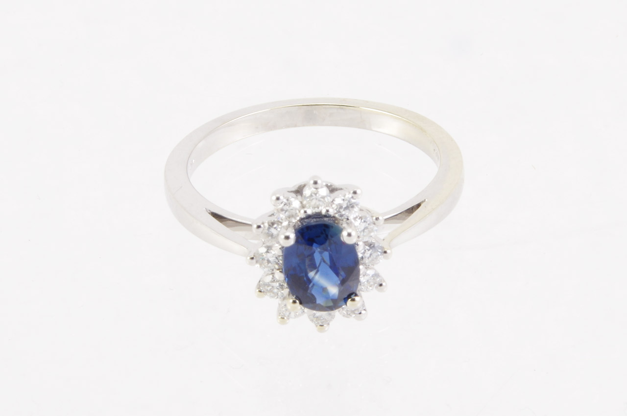 14k White Gold Sapphire & Diamond Halo Ring Flat