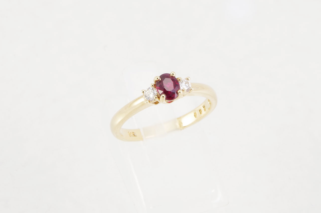 14k Yellow Gold Red Sapphire & Diamond 3-Stone Ring Side