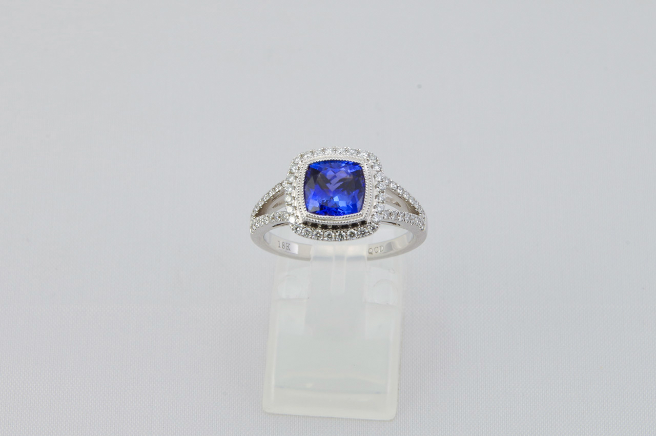 White Gold Cushion Tanzanite And Diamond Halo Ring