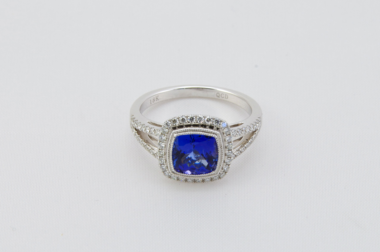 White Gold Cushion Tanzanite And Diamond Halo Ring