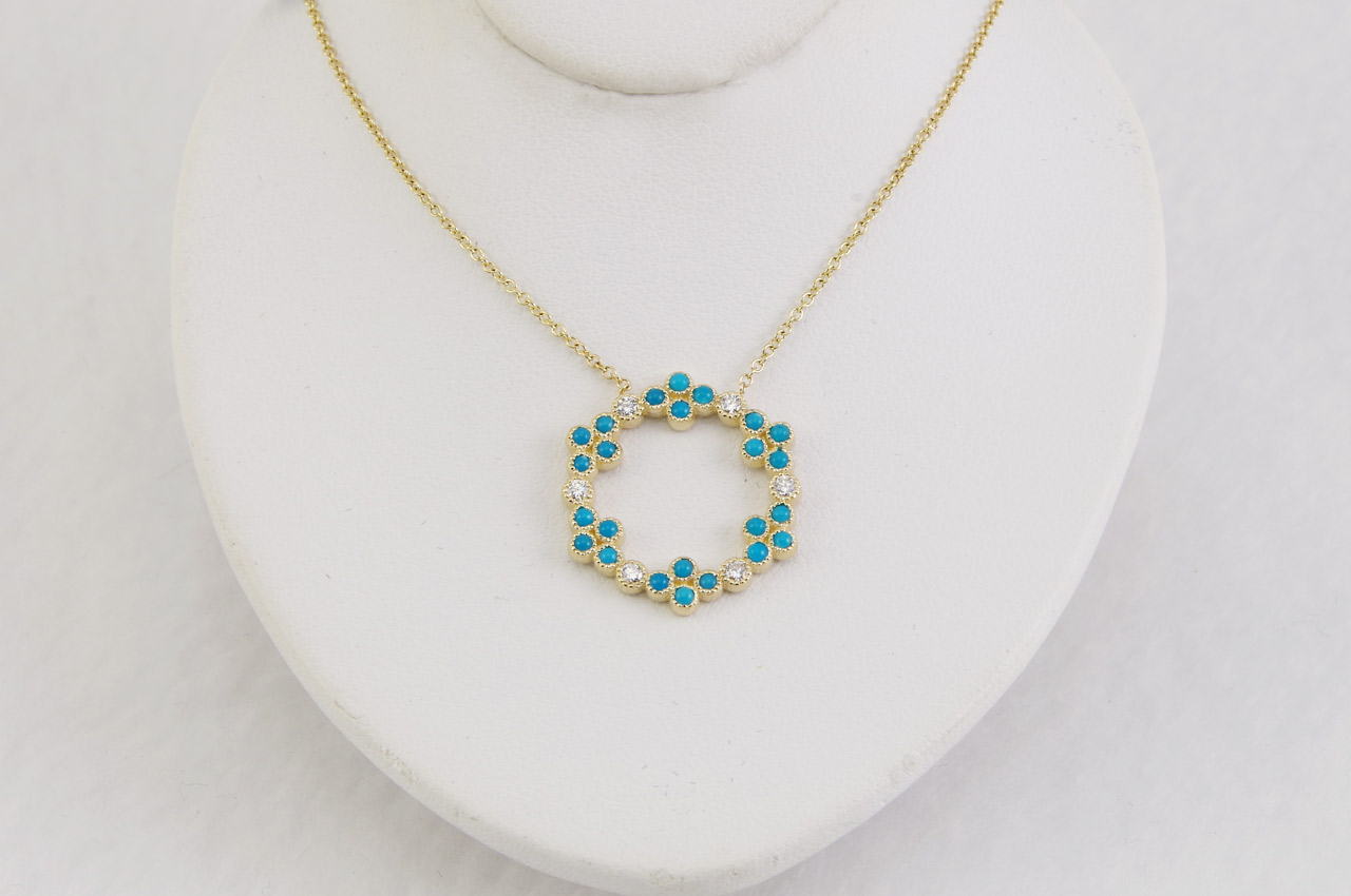 14k Yellow Gold Turquoise & Diamond Circle Pendant Thumbnail